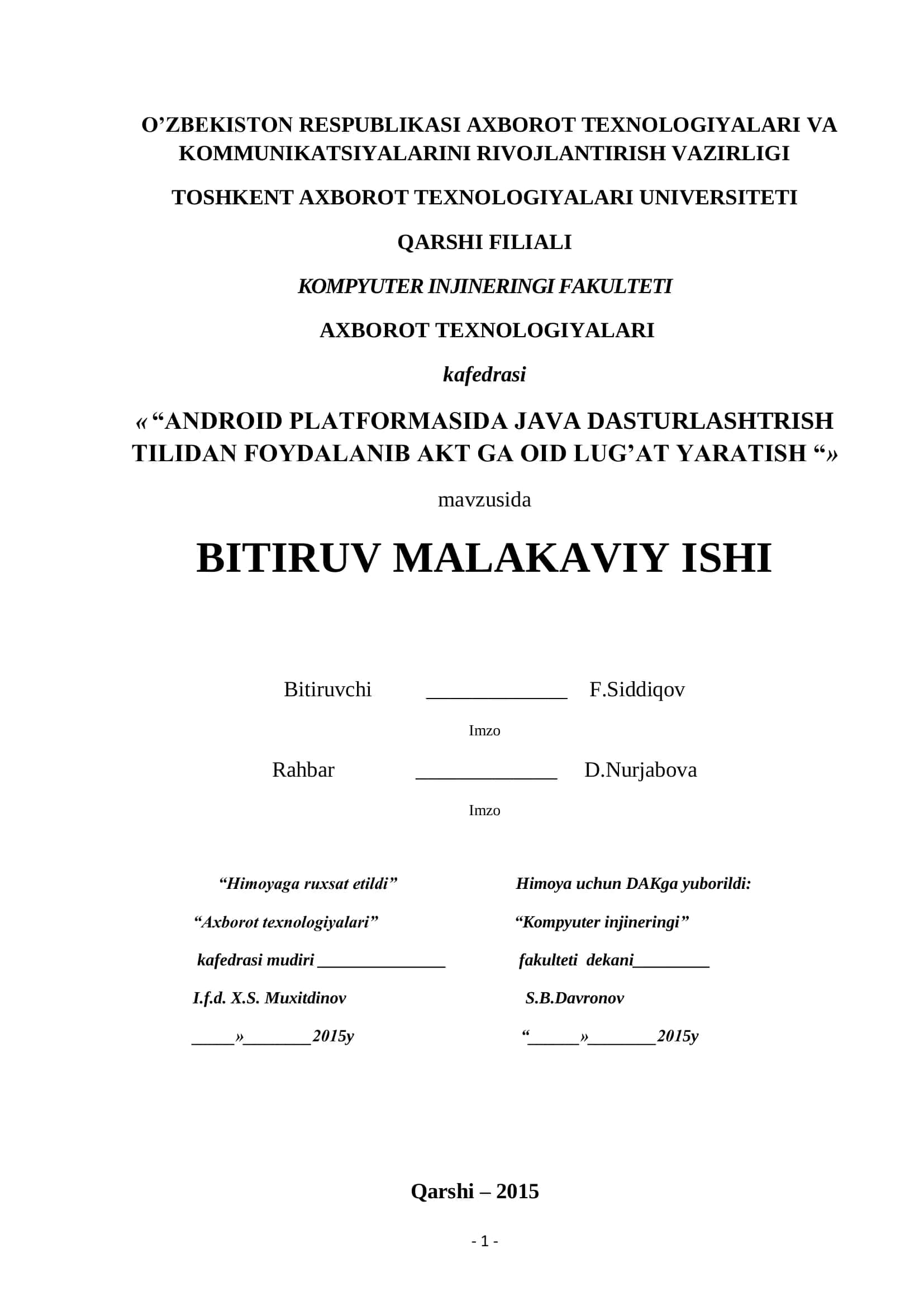 “ANDROID PLATFORMASIDA JAVA DASTURLASH TILIDAN FOYDALANIB AKT GA OID LUG’AT YARATISH“