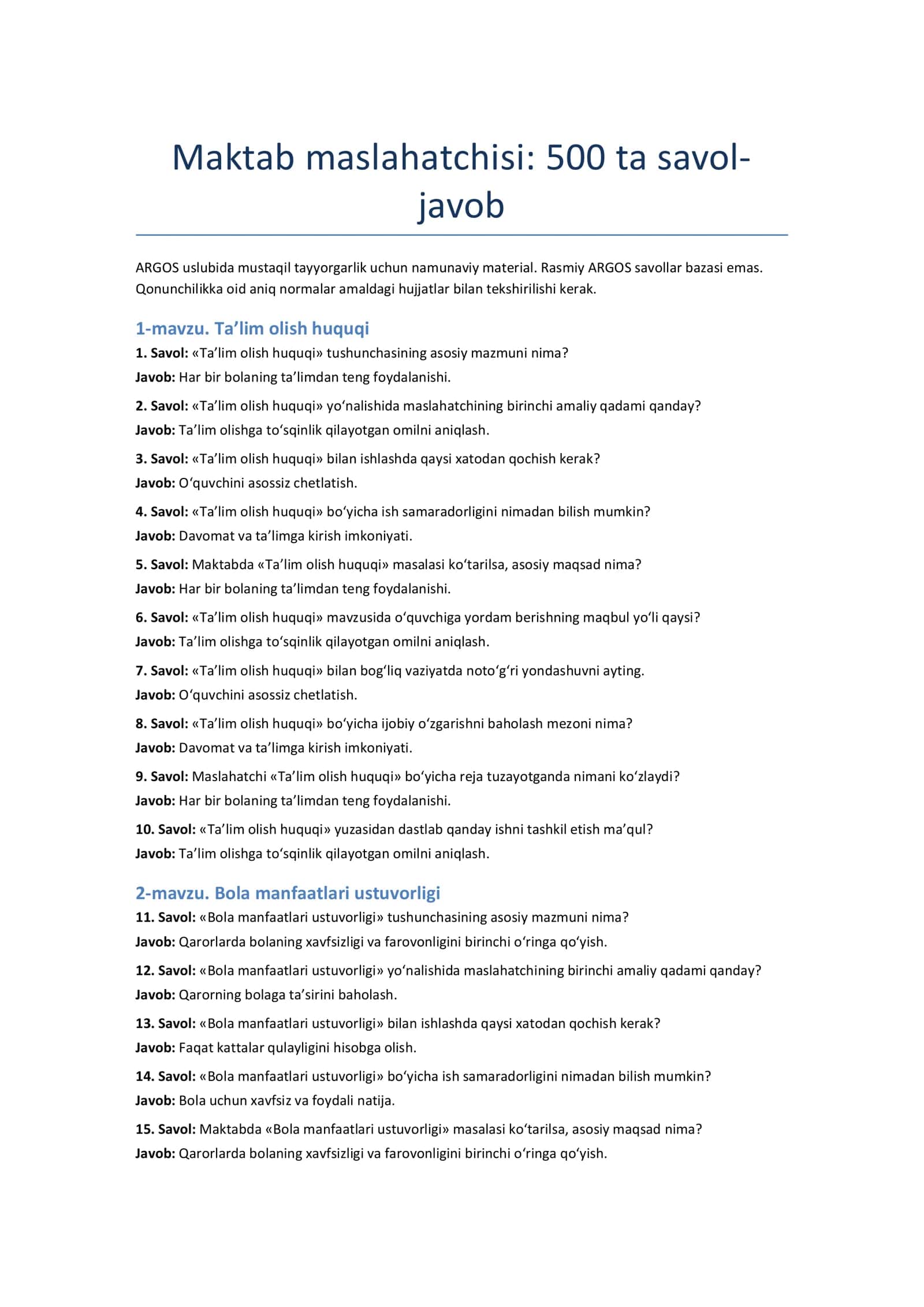 Maktab maslahatchisi 500 ta savollar + javoblar bilan