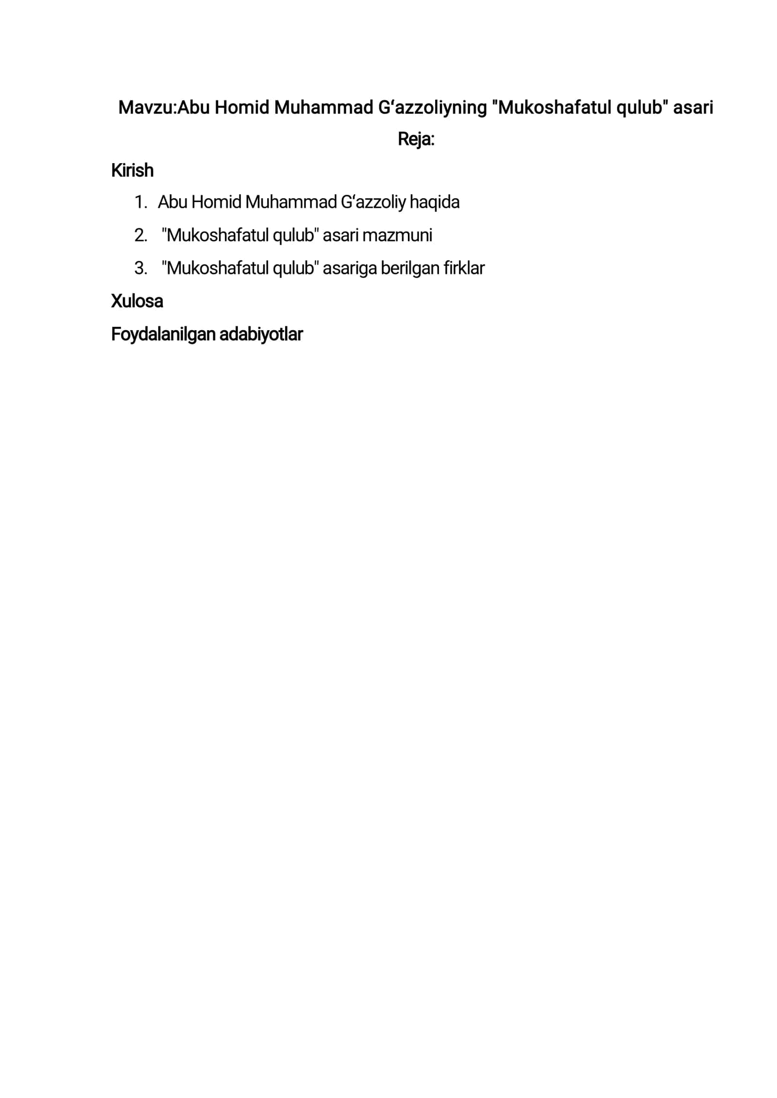 Abu Homid Muhammad Gʻazzoliyning "Mukoshafatul qulub" asari