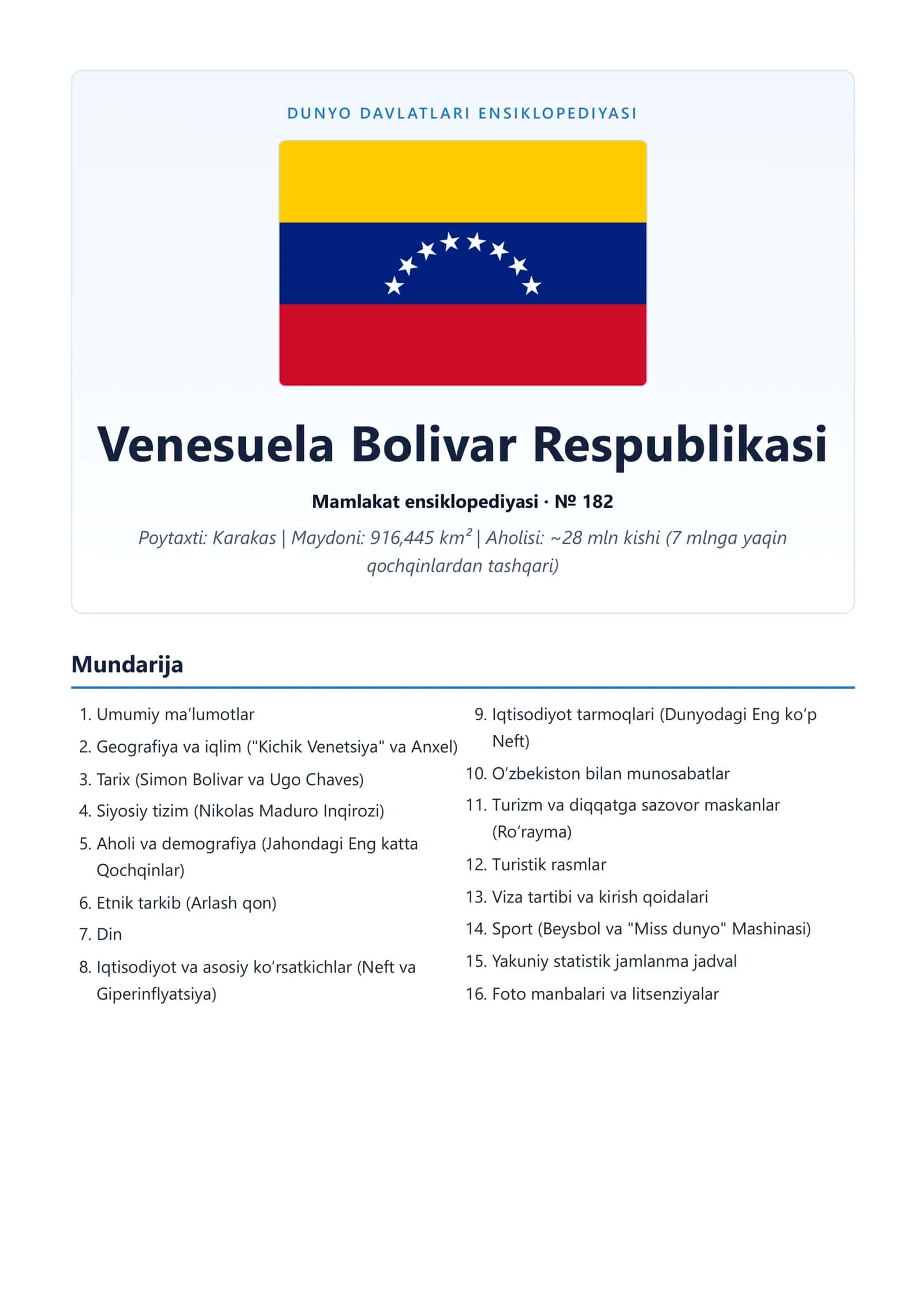 Venesuela Bolivar Respublikasi Mamlakat ensiklopediyasi