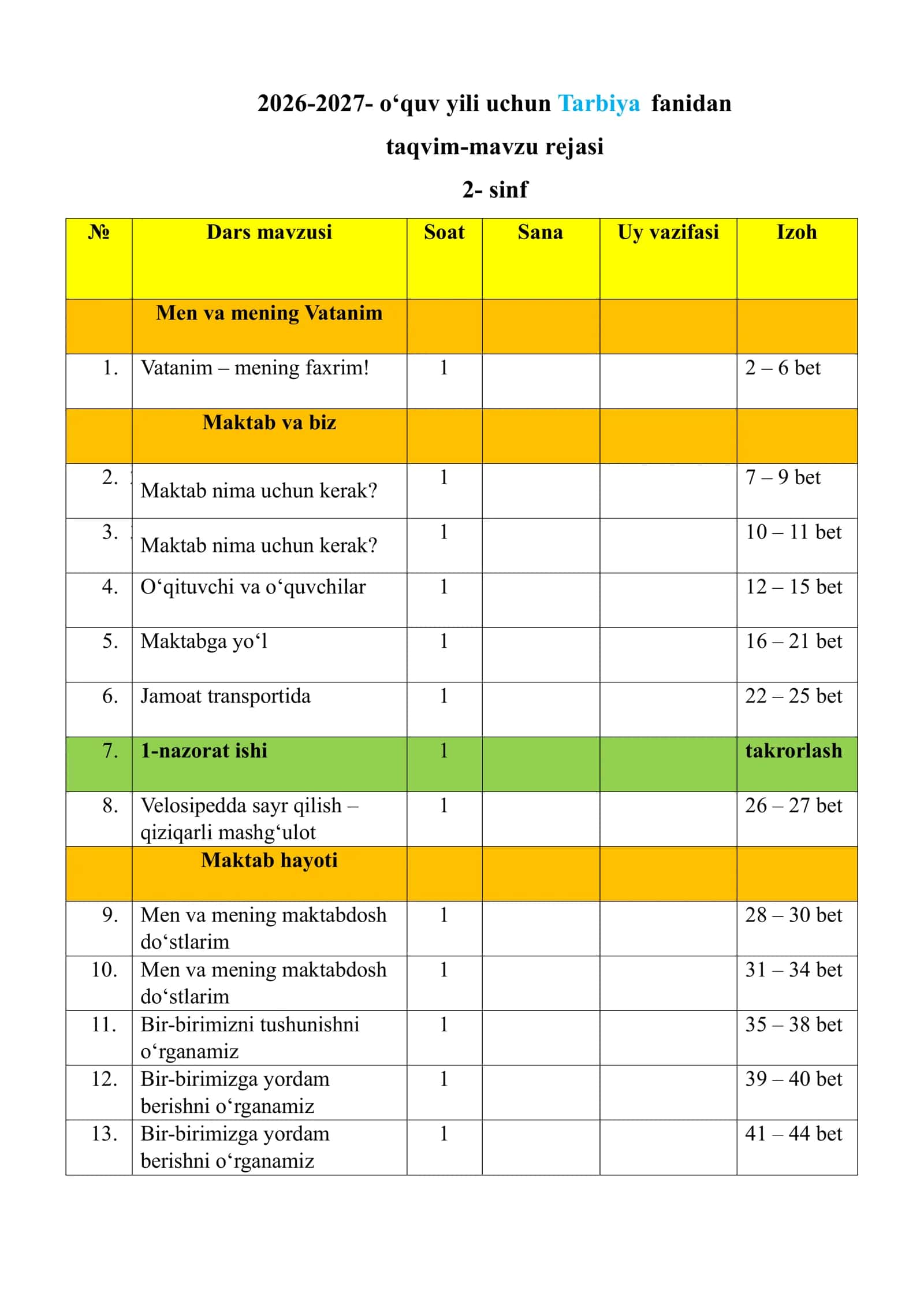 2026-2027- o‘quv yili uchun Tarbiya fanidan taqvim-mavzu rejasi  2-sinf