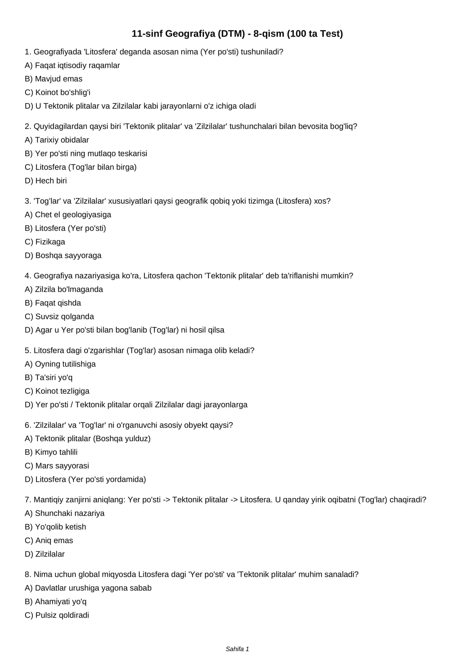 11-sinf Geografiya (DTM) - 8-qism (100 ta Test)