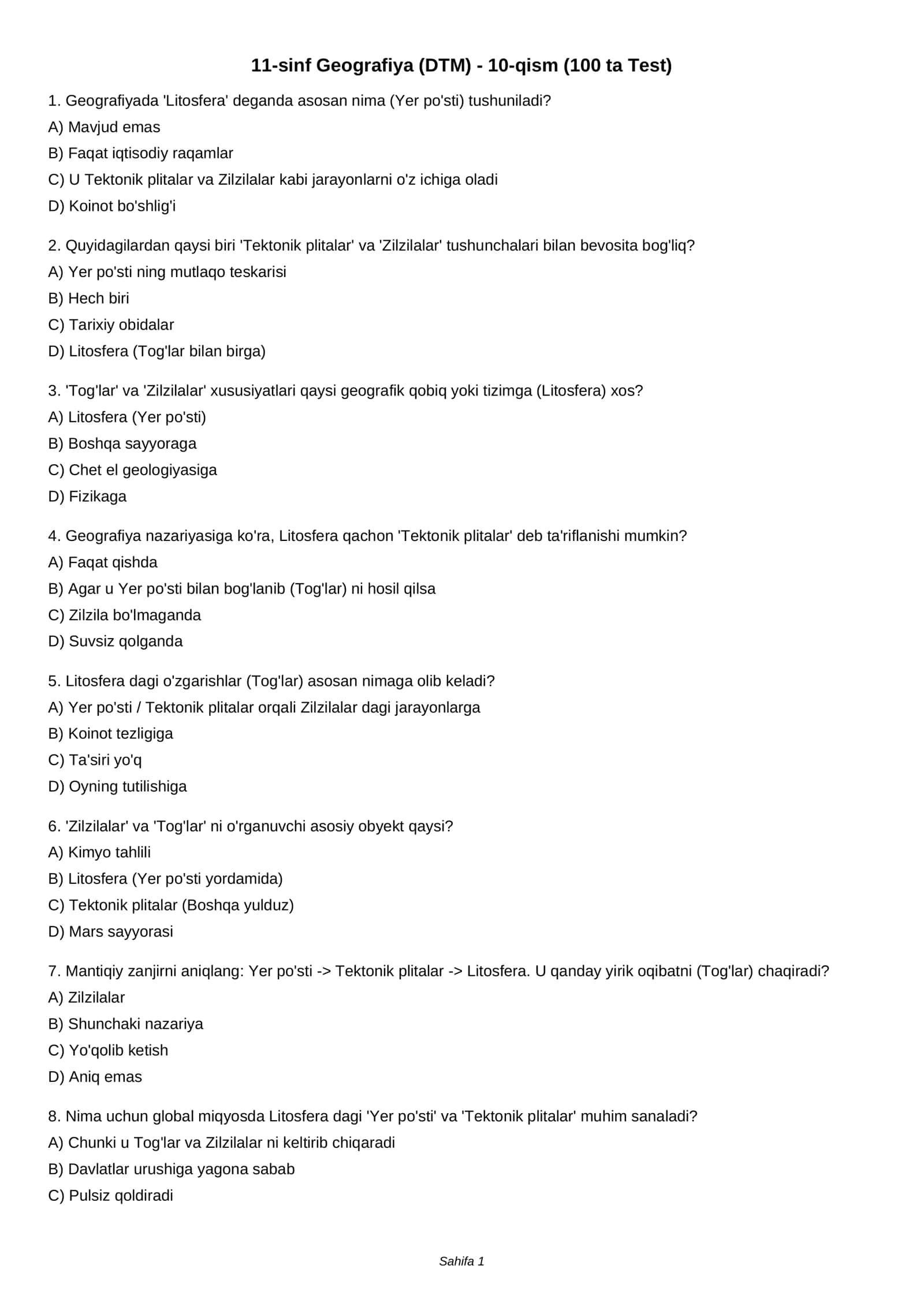 11-sinf Geografiya (DTM) - 10-qism (100 ta Test)