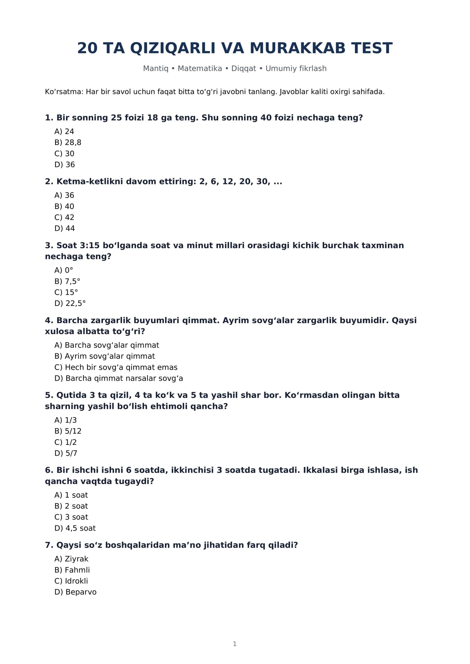 20 ta qiziqarli va murakkab mantiqiy test — PDF