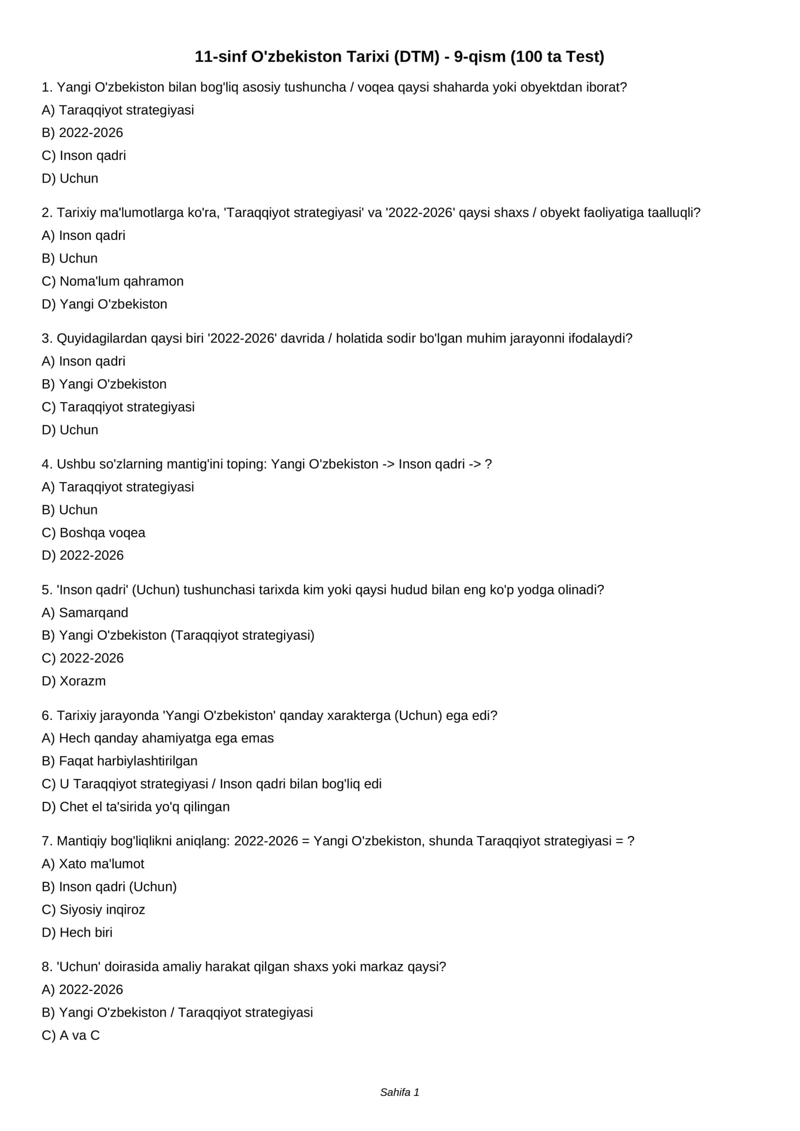 11-sinf O'zbekiston Tarixi (DTM) - 9-qism (100 ta Test)