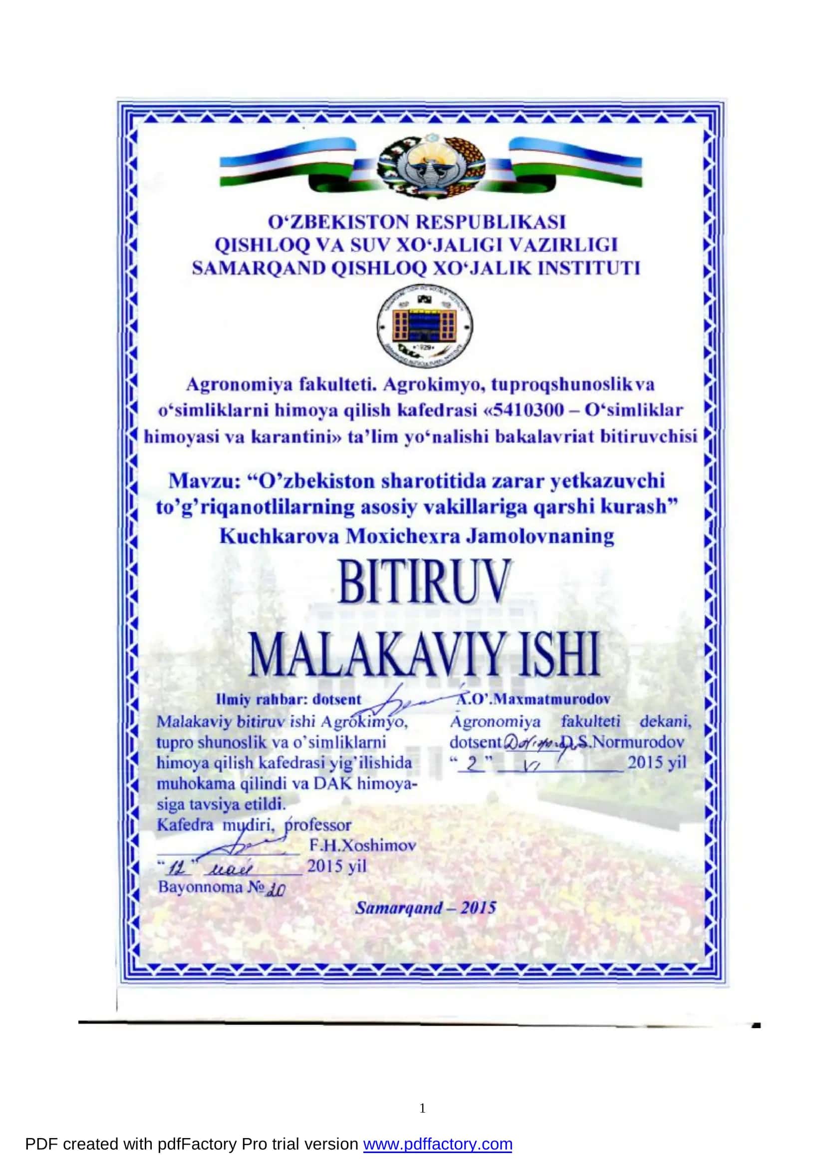 O'simliklar himoyasi va karantini ta'lim yo'nalishi bakalavriat bitiruvchisi