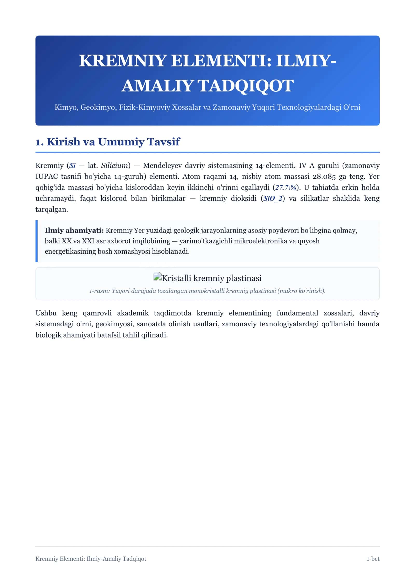 KREMNIY ELEMENTI: ILMIY-AMALIY TADQIQOT