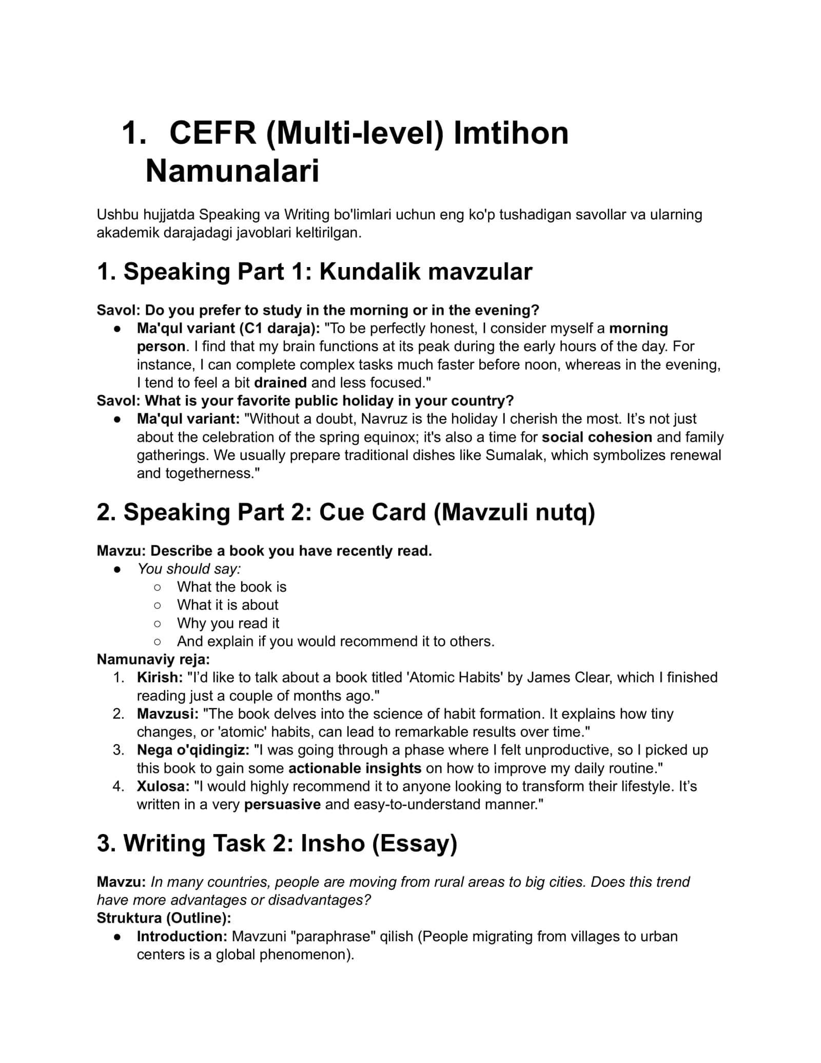 CEFR (Multi-level) Imtihon Namunalari