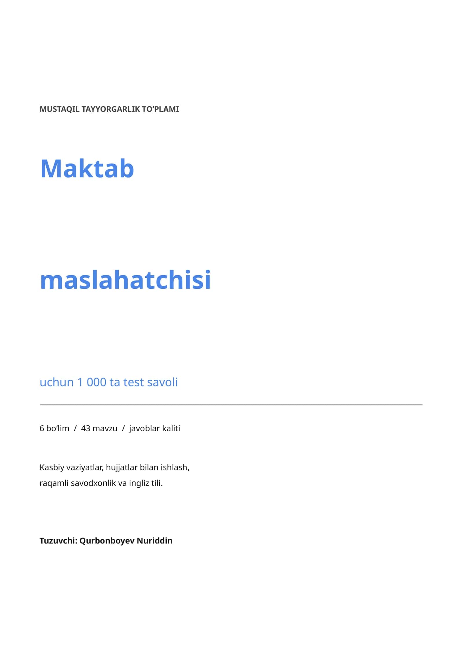 MAKTAB MASLAHATCHISI 1000 ta test 2026 yangi