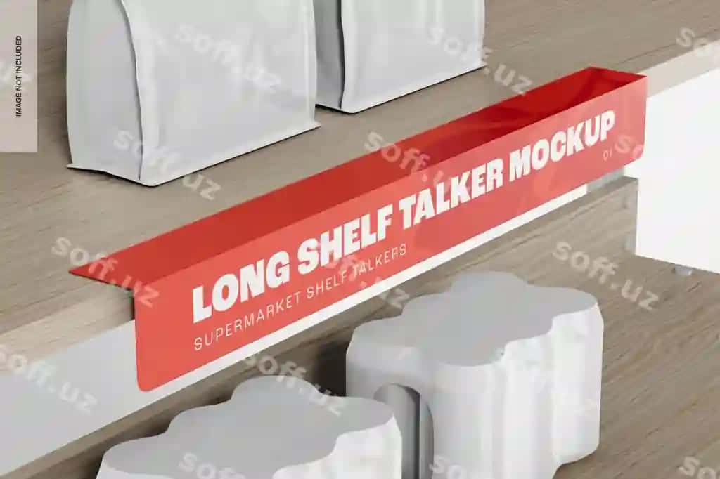 Uzun raf xabaroti modeli yuqori burchakdan ko'rinish | Long shelf talker mockup high angle view