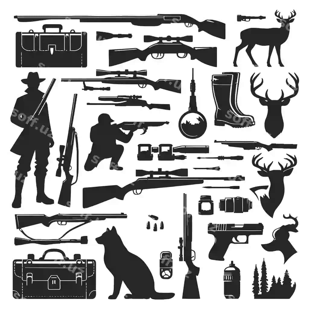 O'yin elementlari silueti qora oq o'yin elementlari | Hunting elements silhouette black white hunting elements