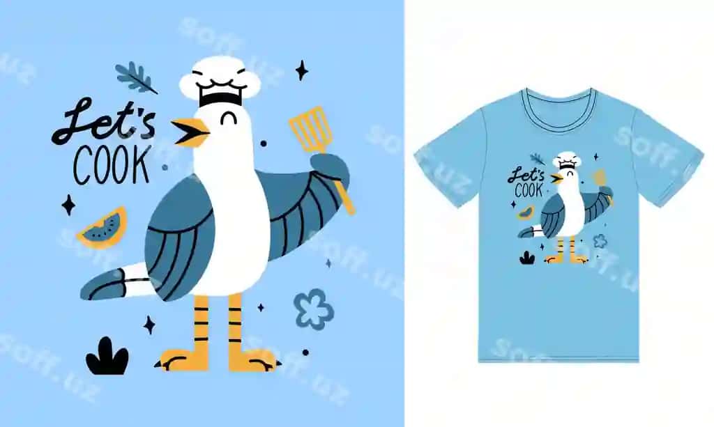 Mazali oshpaz qushchilik illustratsiyasi t-shirt dizayni vektori | Cute chef seagull illustration with tshirt design vector