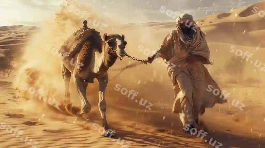 Erkak girmo olib bormoqda, hamda boshqa erkak bilan. | Man leading camel with man it