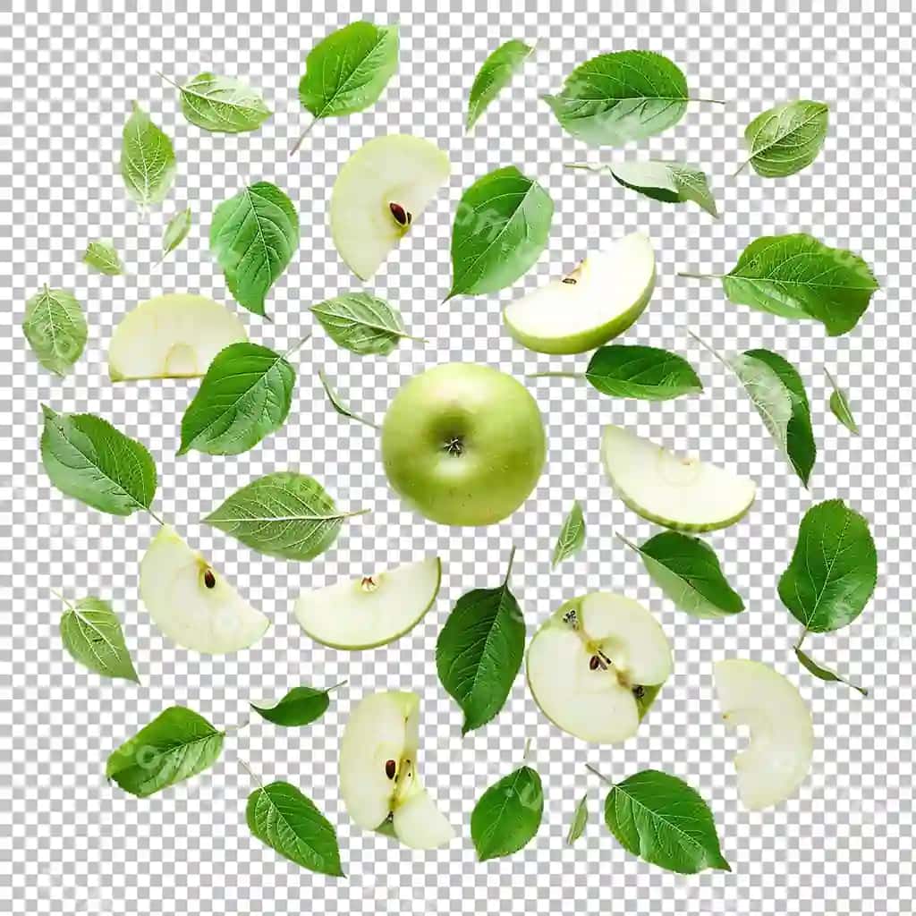 Qizil olcha, yashil barglar bilan, shaffof fonda | Red apple with green leaves transparent background