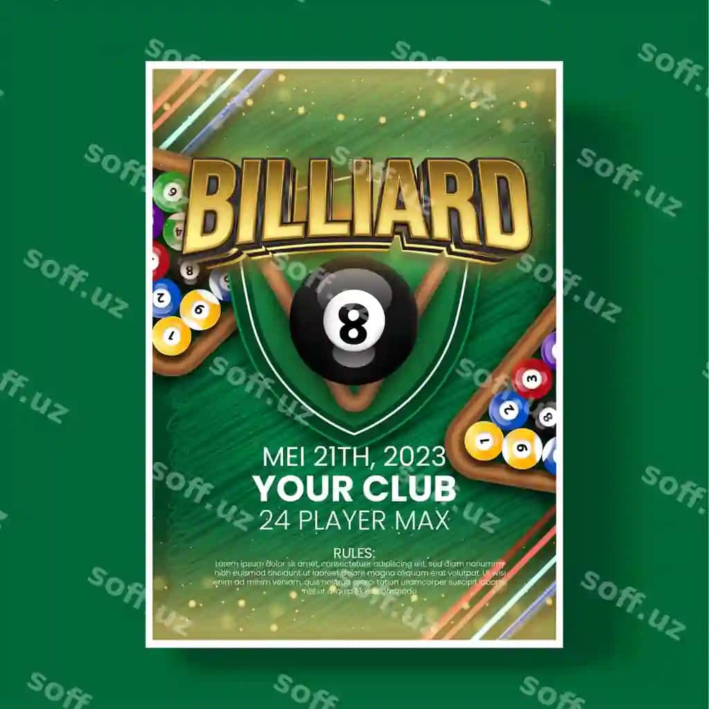 Bilyard vektor turnir plakati bilyard sharqlari va shtoklar bilan | Billiards vector tournament poster with billiard balls sticks