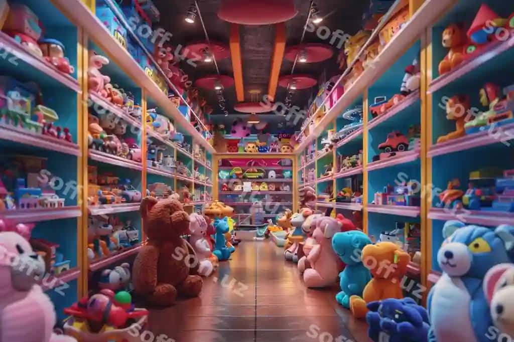 Rang-barang o'yinchoq do'koni polonatlar bilan to'ldirilgan | Colorful toy store filled with shelves stocked wit