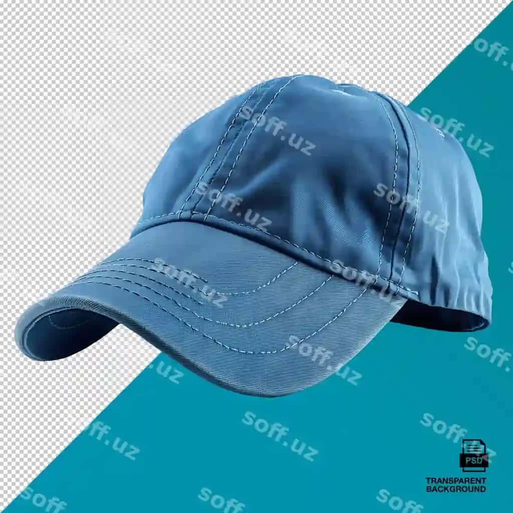 Yorqin ko'k baseball kiyimi bo'yi qayrash bilan shaffof orqa fon | Light blue baseball cap with detailed stitching transparent background