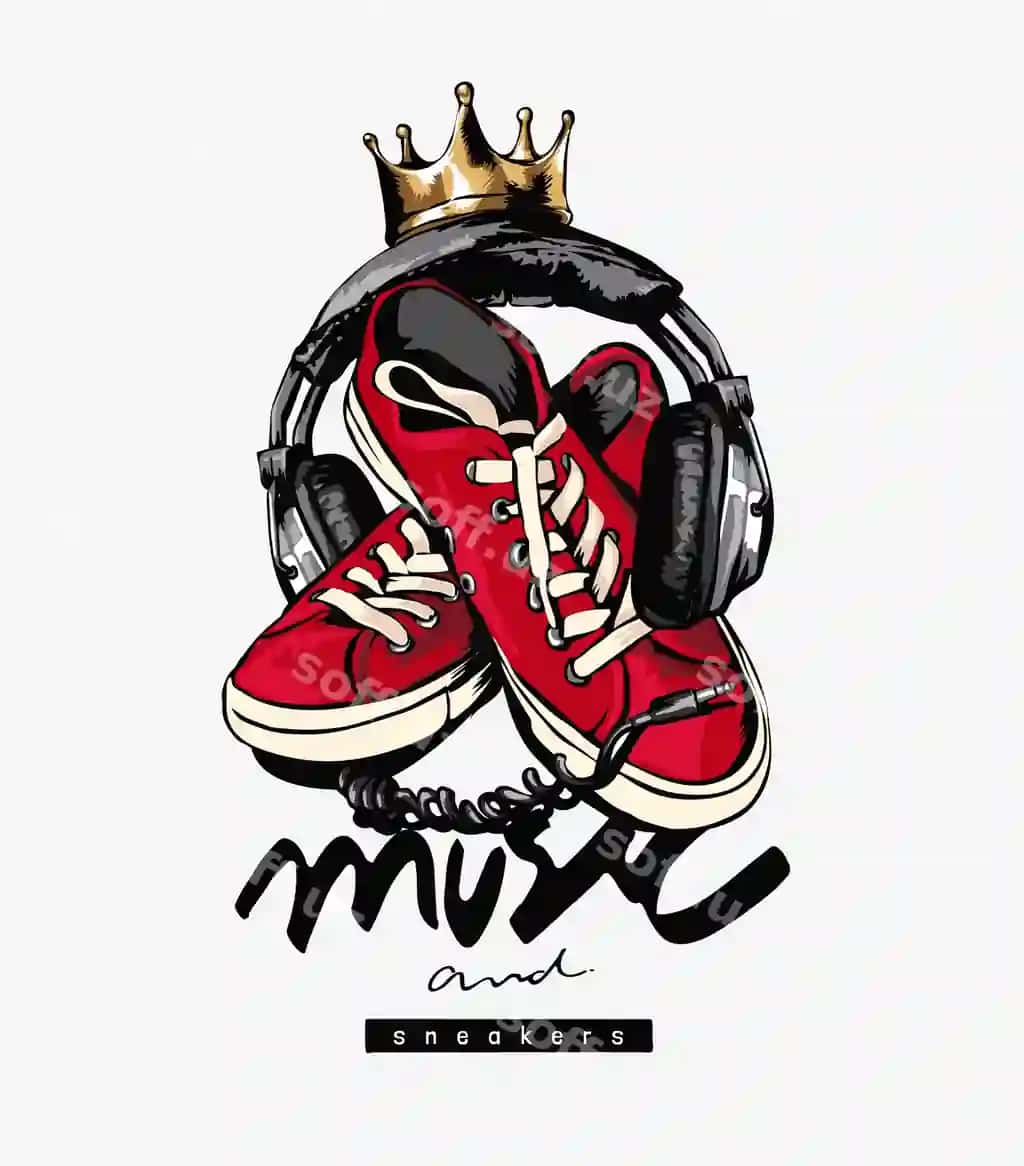 Musiqa krossovka slogani krossovka quloqchin illustratsiyasi bilan | Music sneakers slogan with sneakers headphone illustration