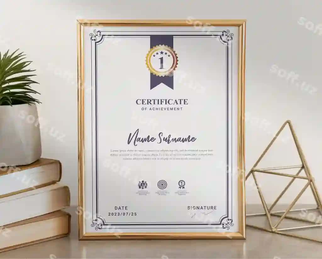 Vertikal sertifikat muvaffaqiyati namunasi kitoblar bilan | Vertical certificate achievement mockup with books