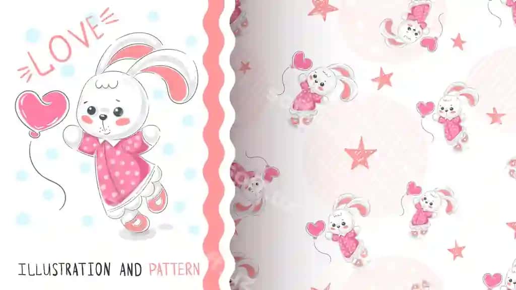 Tulki yurak bilan joyiqsiz naqsh | Rabbit with heart seamless pattern