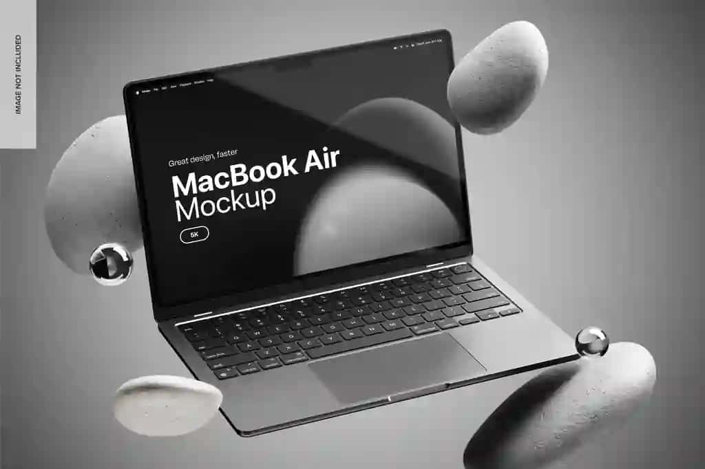Suzuvchi elementlar maketi bilan Macbook air | Macbook air with floating elements mockup