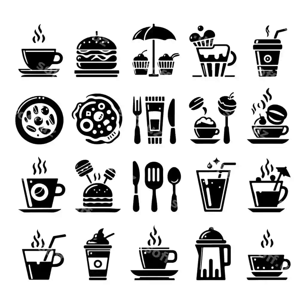 Kafe ikonkalar komplekti restoran ikonkasi ovqat va ichimlik ikonkasi siluet vektori | Set cafe icons restaurant icon food drink icon silhouette vector