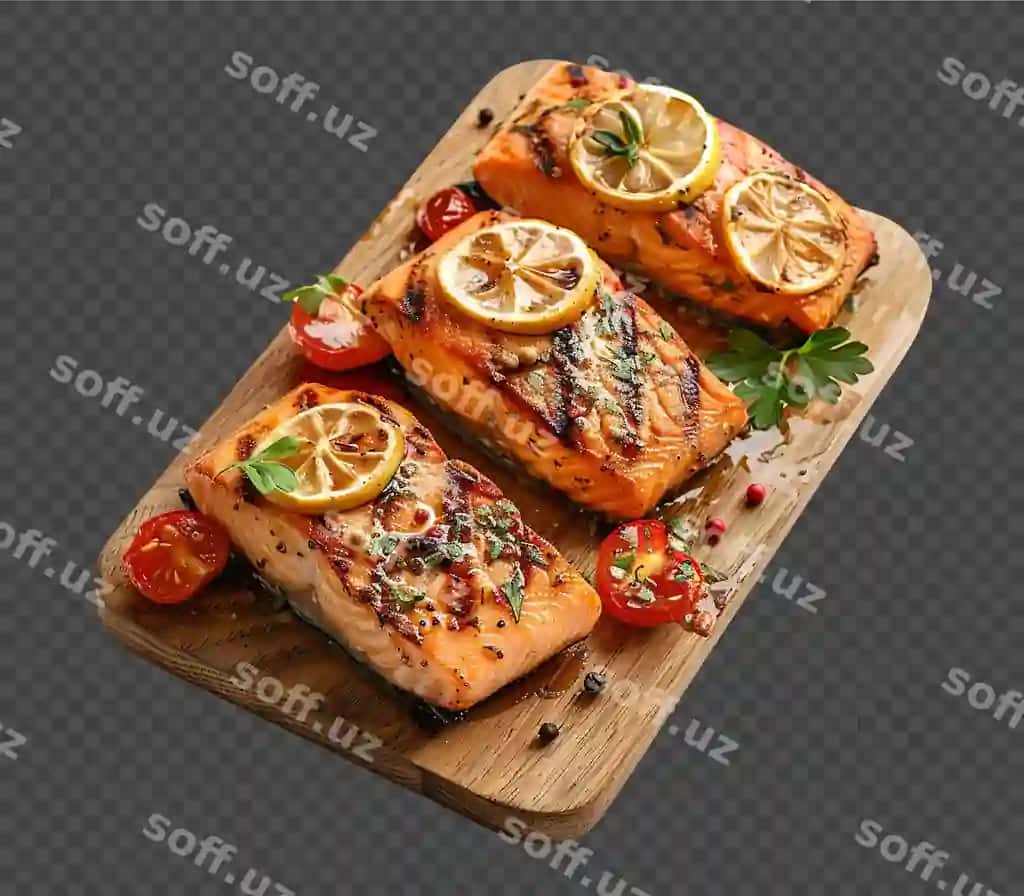 Pishirilgan ajraltirilgan shaffof orqa fonda lazmon | Grilled salmon isolated transparent background