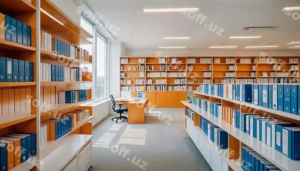 Kutubxona polklari kitoblar bilan | Library shelves with books