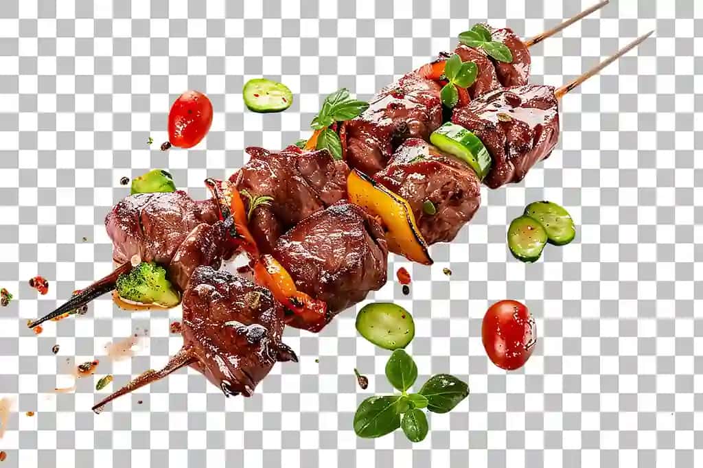 Go'shtli sabzavot sachragan Burundiya brosheti shaffof | Burundian brochette soaring with meat vegetable splashes transparent