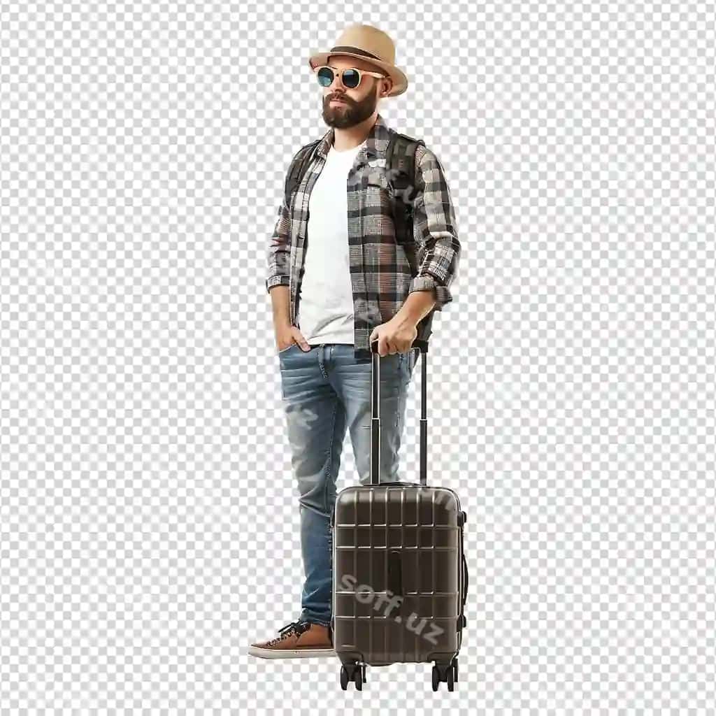 Erkak sayohat bagaji bilan ajraltirilgan shaffof fonda | Man with travel bag isolated transparent background