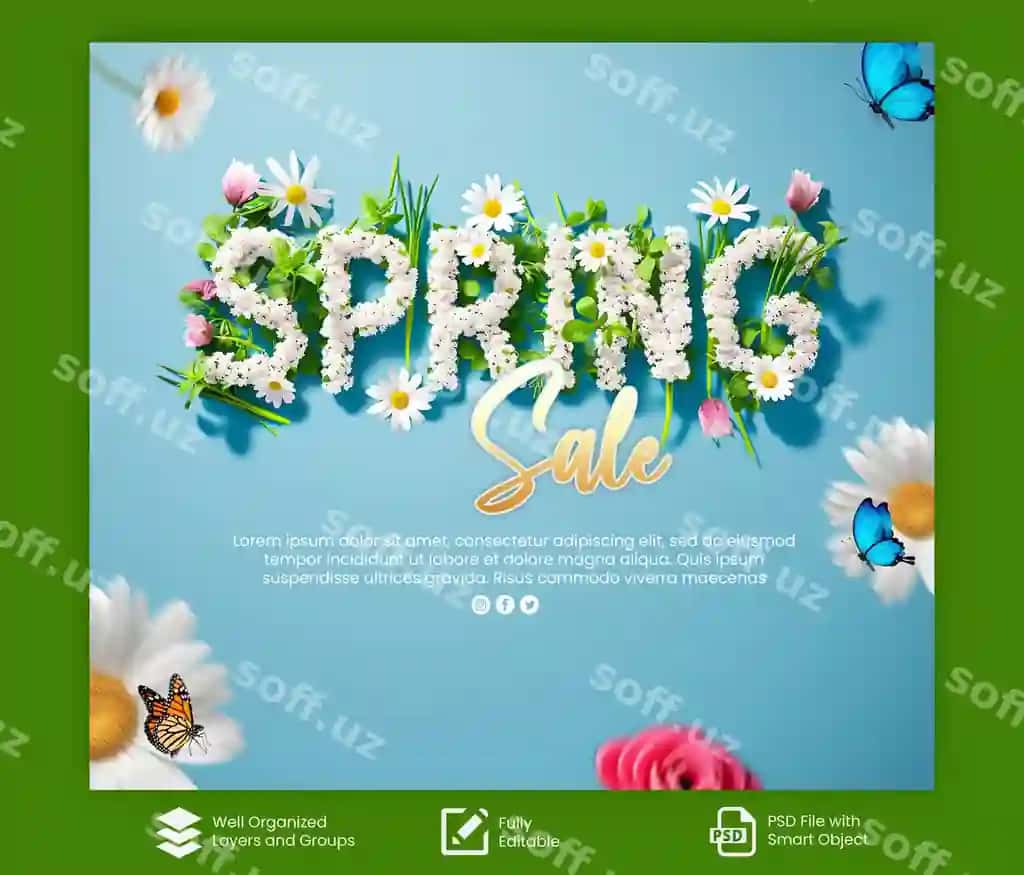 Psd Baxar bayrami tabrigi, bahor sotuv post dizayni chiroyli | Psd happy spring celebration with spring sale post design with beautiful