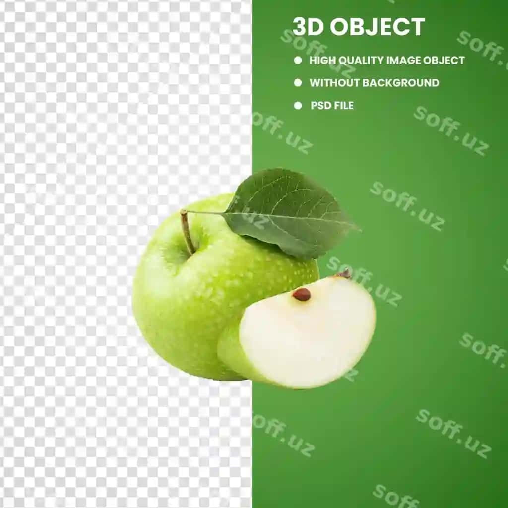 Mazali yashil olma komplekti butun kesilgan meva va varaq suv damchilari bilan | Fresh green apple set with whole sliced fruit with leaf water drops