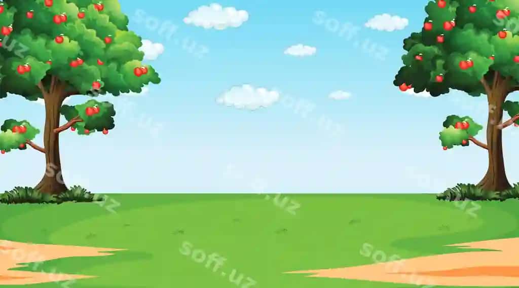 Yashil maydon, olcha daraxtlari, ko'k osmon | Green field with apple trees blue sky