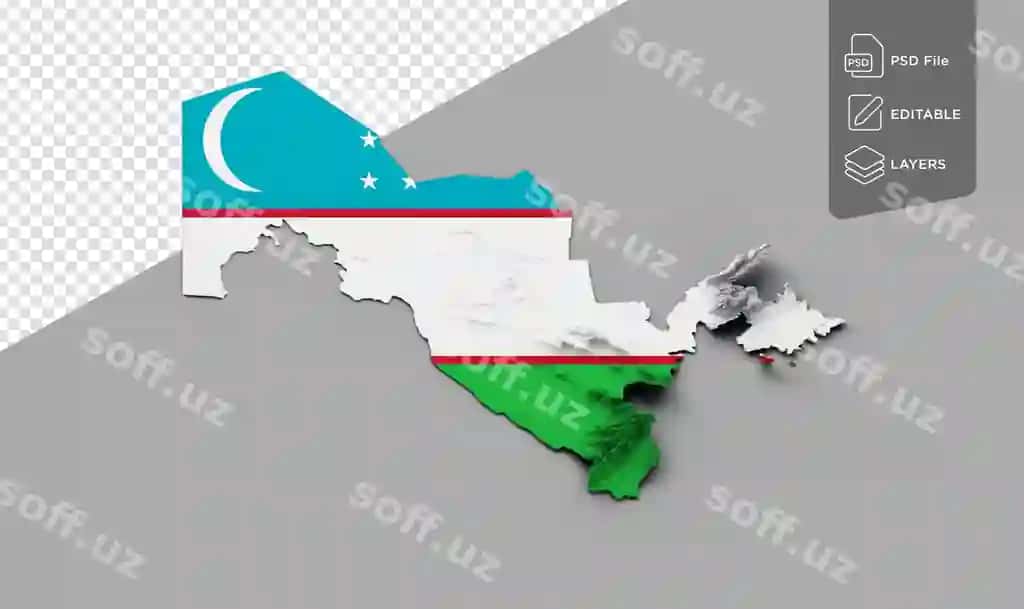 Oʻzbekiston xaritasi bayroq ranglari koʻk oq yashil soyali relief xarita | Uzbekistan map with flag colors bluewhite green shaded relief map