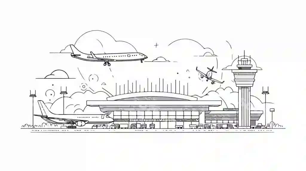 Chiroyli aeroport samolyotlari chiziqli qora oq vektor illustratsiyasi | Sleek airport aircraft lineart black white vector illustration