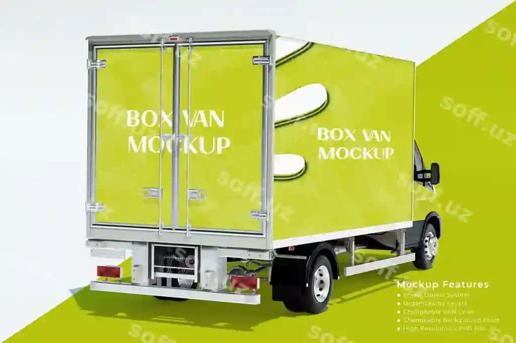 Tezkor yetkazib berish quticha furgon modeli orqa perspektivali ko'rinish | Fast delivery box van mockup back perspective view