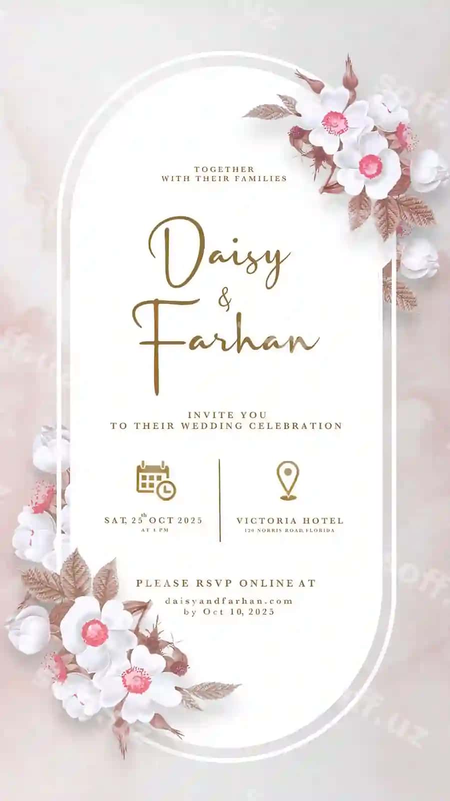 Raqamli turmali taklif geometric gulli orqa fonda | Digital wedding invitation with geometric floral background