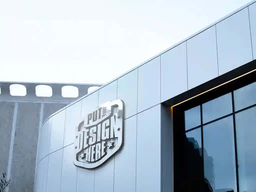Haqiqiy tashqi binoning logotipi maketi | Realistic exterior building logo mockup