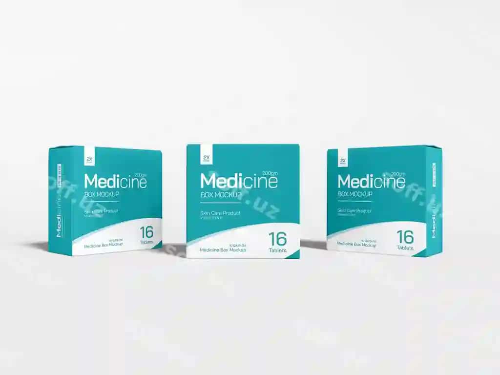 To'g'ri to'rtburchak qog'oz dorilar qutisi brending mockup | Rectangular paper medicine box branding mockup