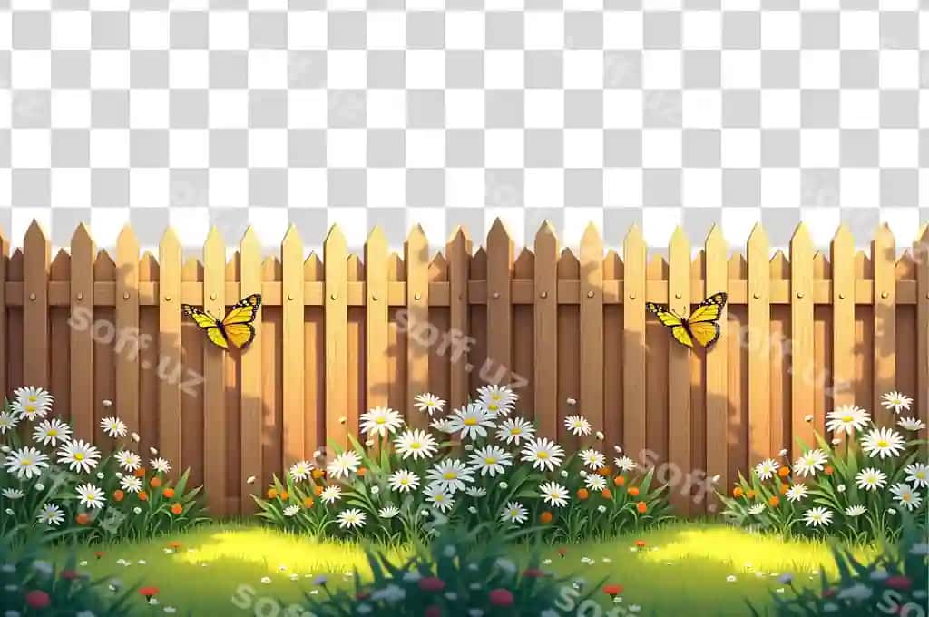 Yong'oq chegara yashil chaman gullar | Wooden fence green grass flowers