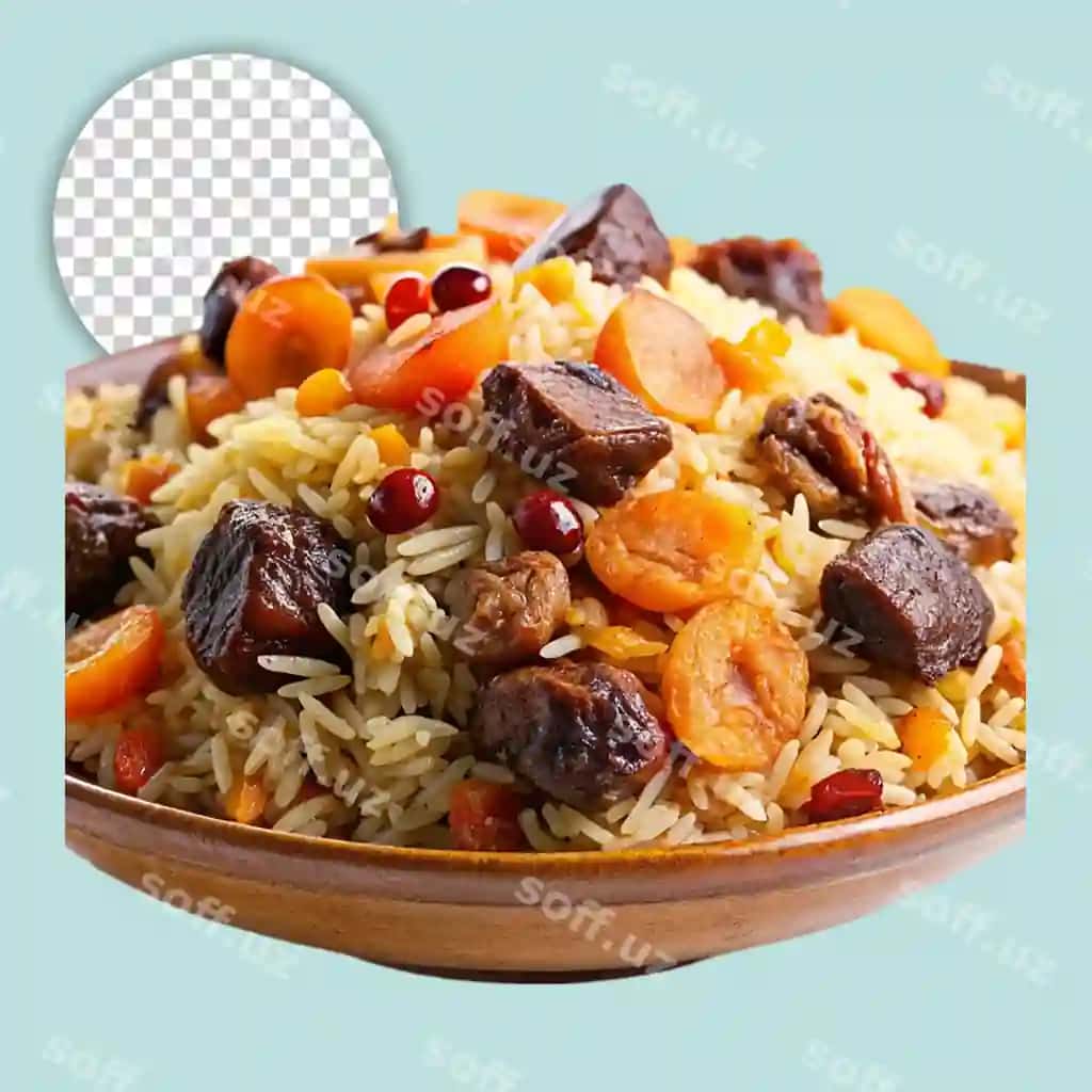 Shaffof fonda o'zbekcha bayramona palovli katta taom | Large dish with uzbek festive pilaf plov transparent background