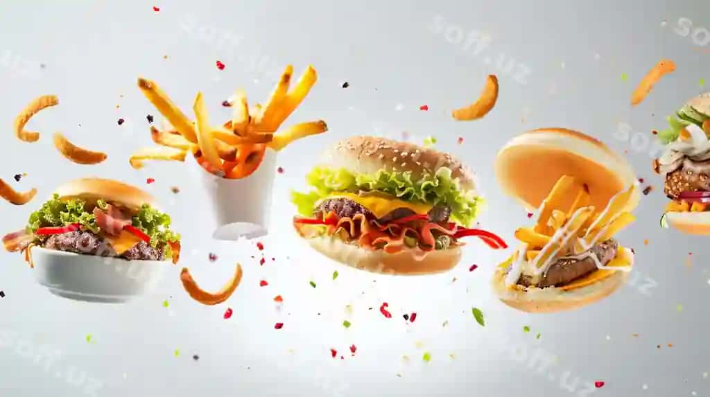 Mazali burger parvoz ingredientlar ajraltirilgan | Delicious burger with flying ingredients isolated