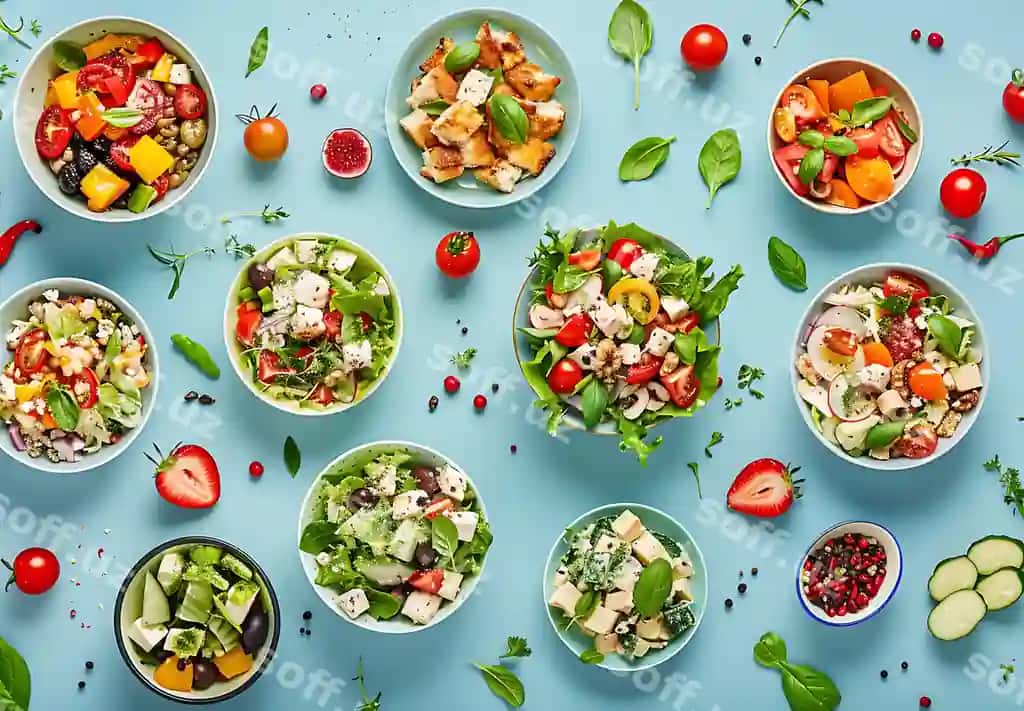 Sog'liqlikni saqlaydigan salatlar komplekti ko'k fonda | Assortment healthy salads blue background
