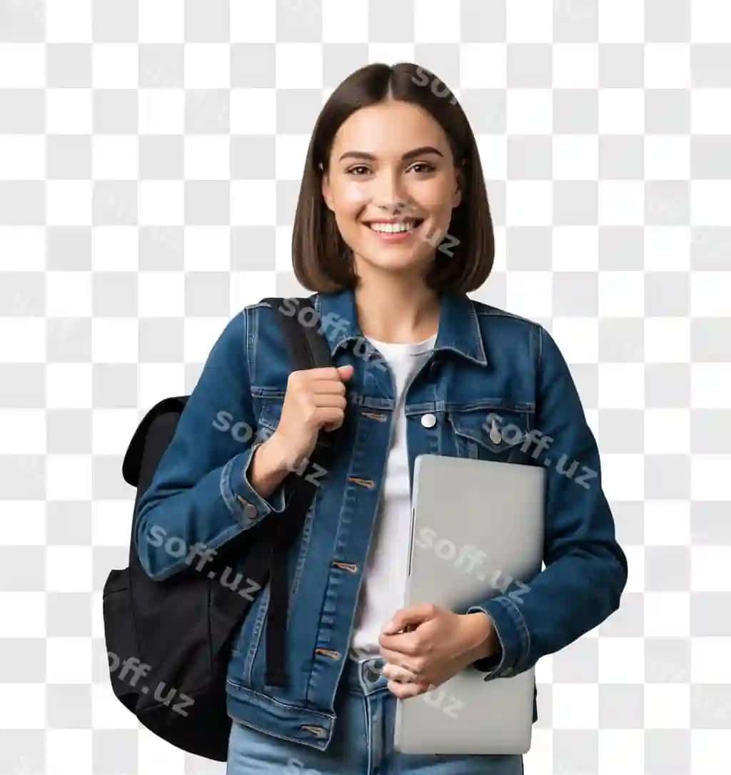 Baxtli yosh ayol rucksak bilan noutbuk png | Happy young woman with backpack laptop png