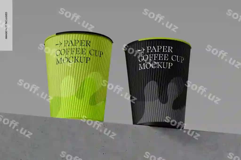 Qog'oz kofe stakanchiklari beton model pastdan burchak ko'rinish | Paper coffee cups concrete mockup low angle view