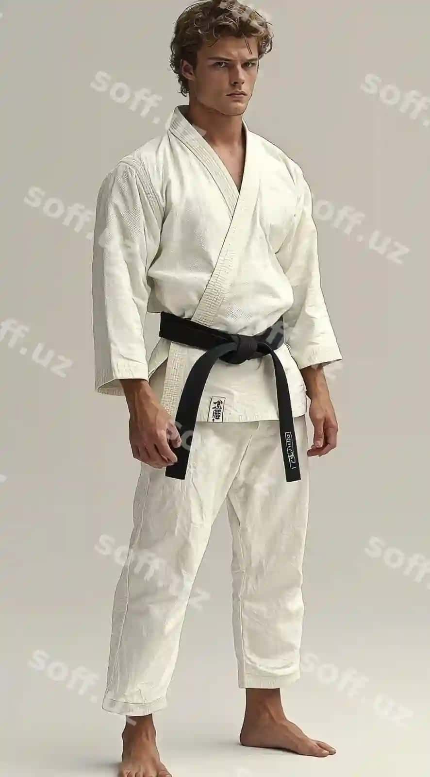 Yosh erkak oq karate kiyimi va qora kamarband bilan kiygan. | Young man wearing white karate gi with black belt