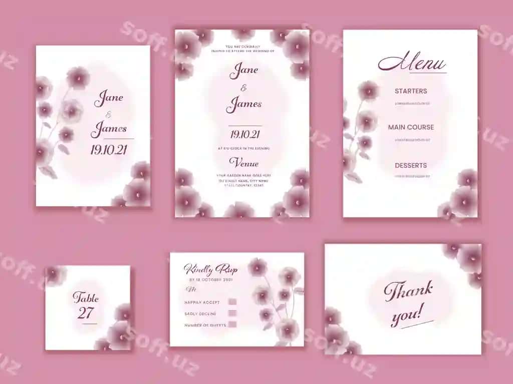 Turmali taklifnoma komplekti gullar bilan bezatilgan gulrang orqa fonda | Wedding invitation suite decorated with flowers pink background