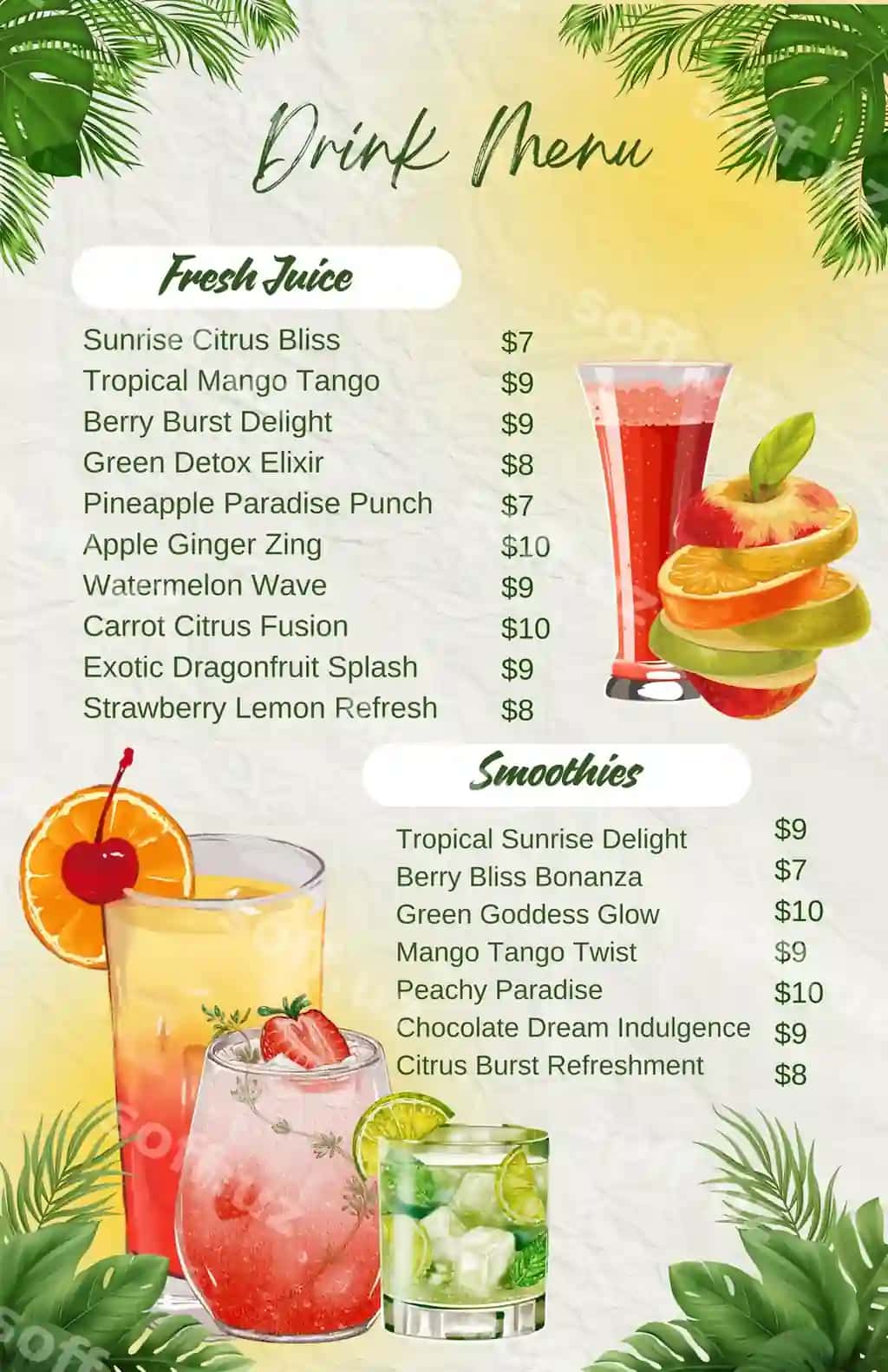 Kofe shop menyusi yashil pushti illustratsiyali ichimliklar menyusi 1 | Coffee shop menugreen pink illustrative drink menu 1