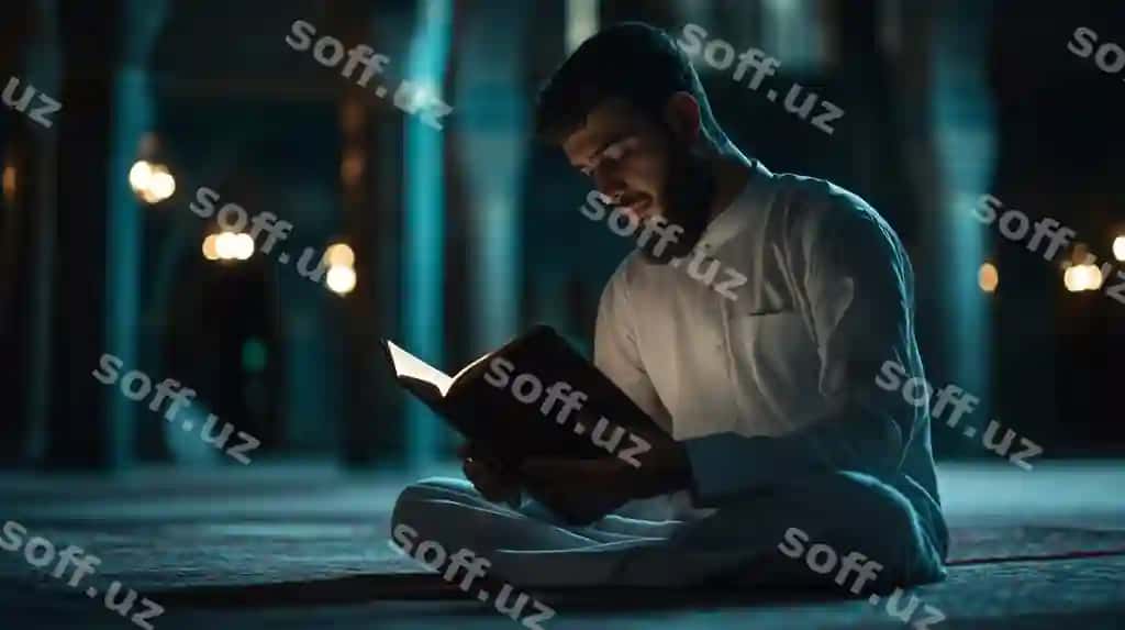 Yosh sochli musulmon erkak Al-Qur'on tarjimasini o'qiyotgan va o'rganayotgan kecha masjidda. | Young bearded muslim man reading studying translation holy book alquran mosque night