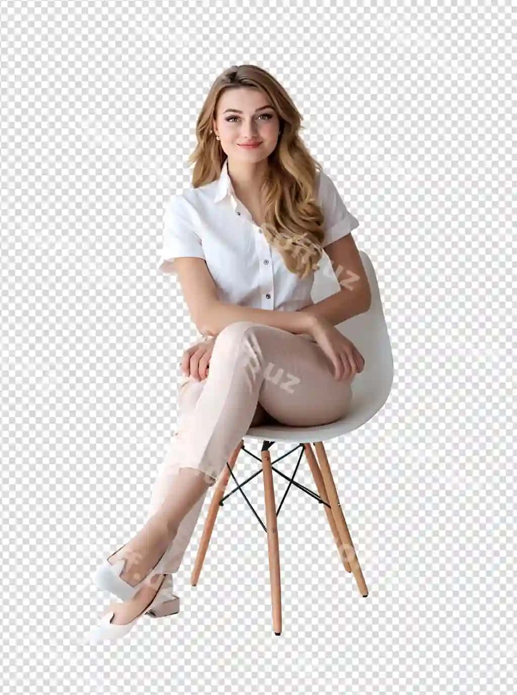 Qiz oq futbolka kiygan holda stulda o'tirgan. | Girl sits chair with white shirt it